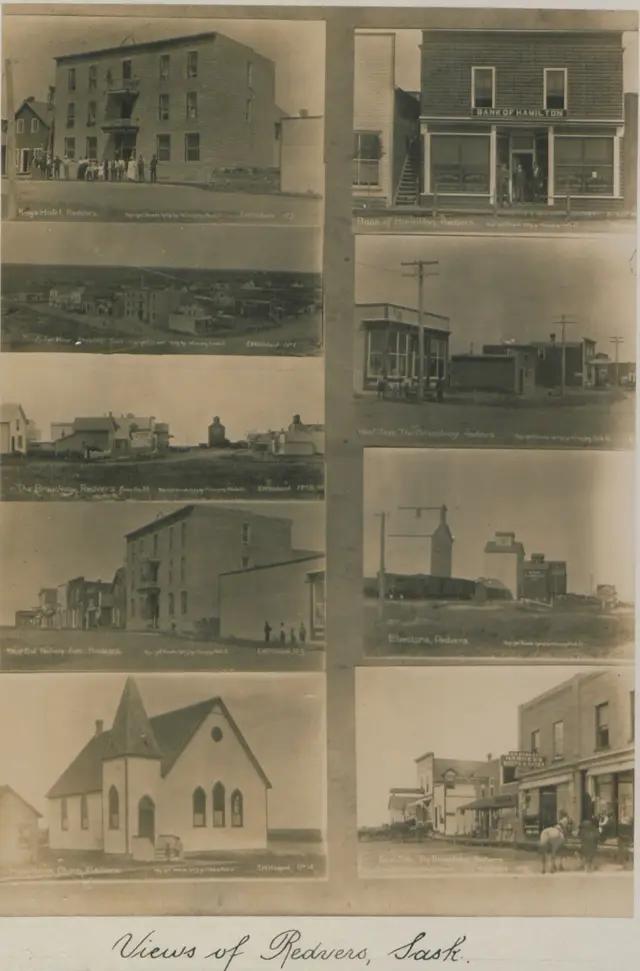 Views of Redvers: hotel, bank, Broadway, elevators and church